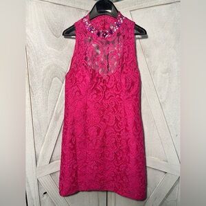 Pink Lace Sleeveless Dress with Embellished Neckline